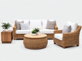 Gartensofa Set aus Geflecht und Holz - Sofa 195 x 82 x 82 cm Sessel 90 x 82 x 82 cm - Braun und Weiß mit rundem Couchtisch und Beistelltisch für Terrasse