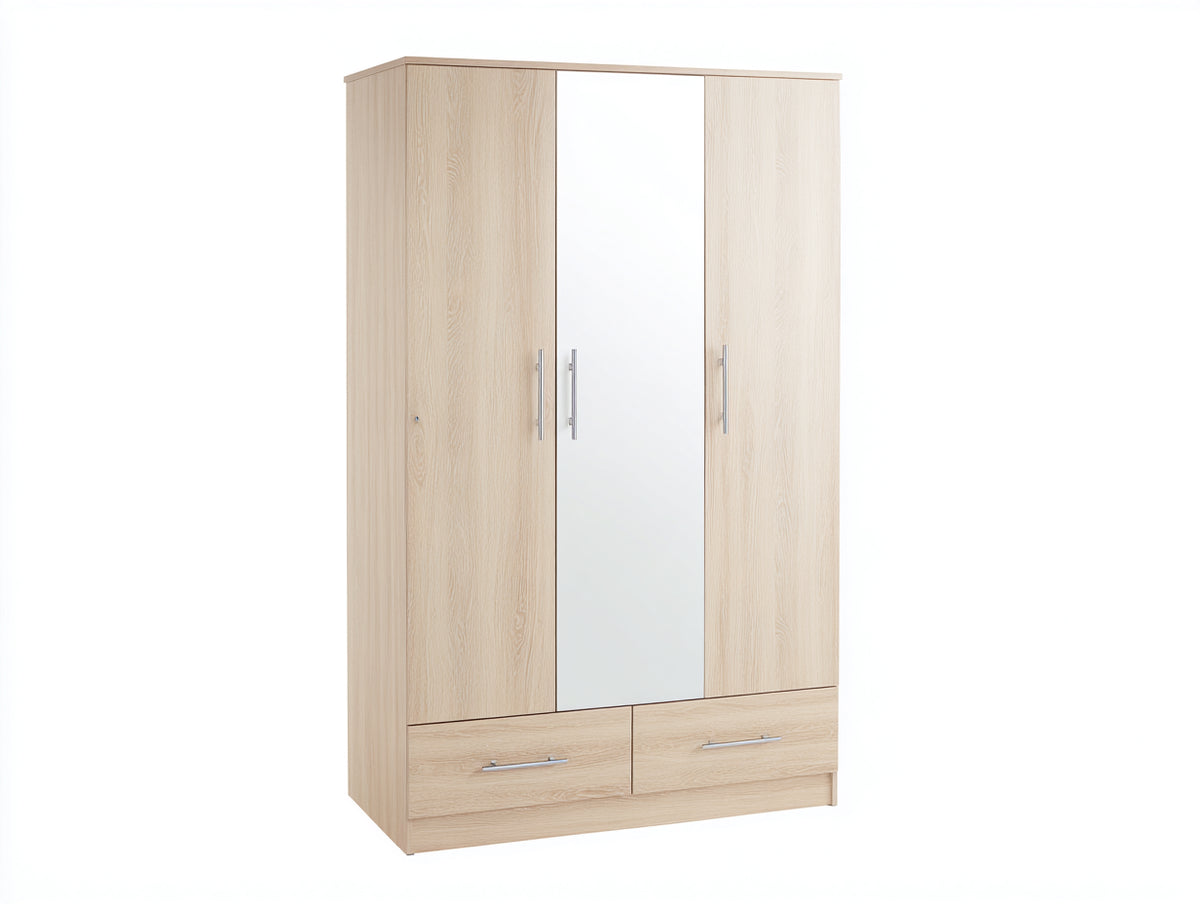 Kleiderschrank aus Holzwerkstoff 120 x 52 x 180 cm - Eiche hell - 3 Türen mit Spiegel und 2 Schubladen