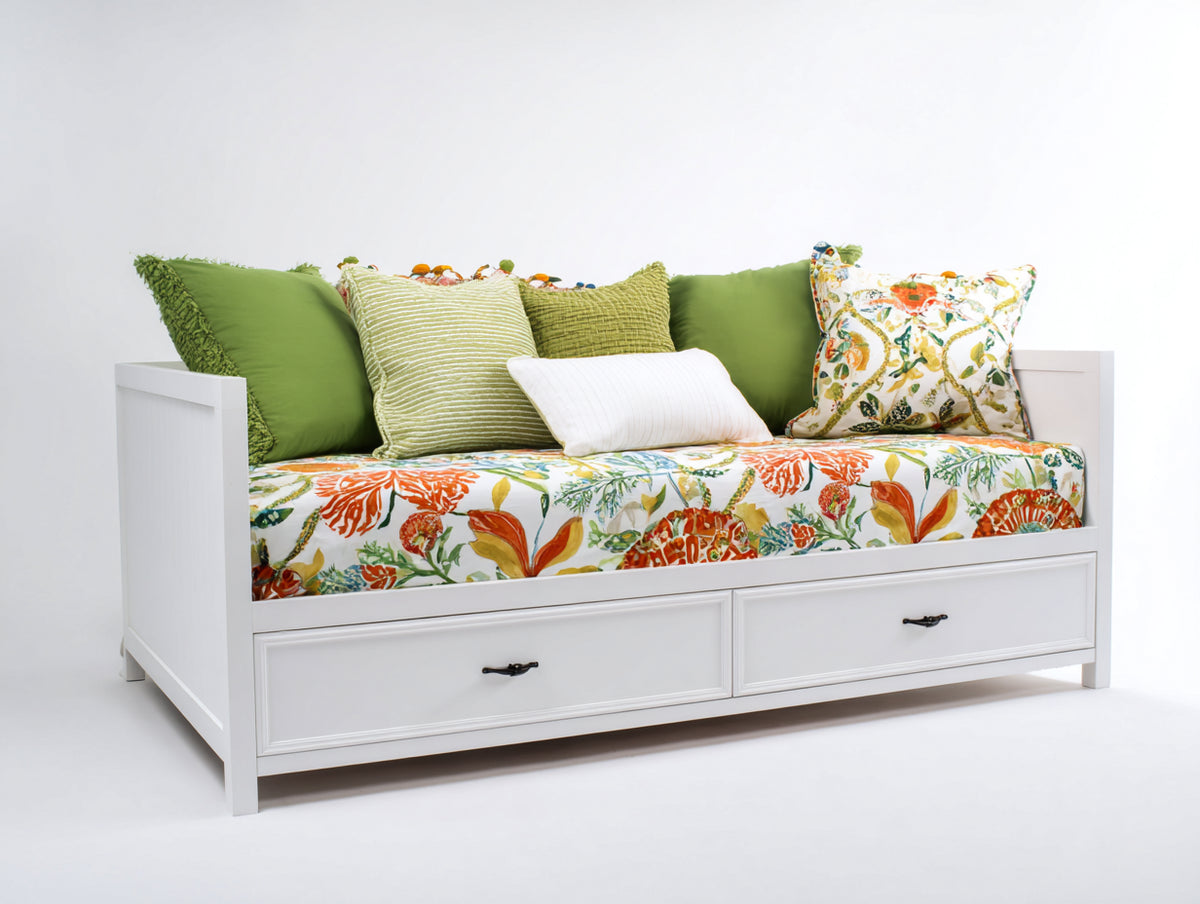 Schlafsofa aus Holz 210 x 95 x 90 cm - Weiß und Grün - Mit 2 Schubladen und floralem Design für Gästezimmer
